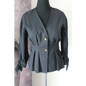 All:Row Pleated V Neck‎ Long Sleeve w/ Tie Hem Black Button Down Shirt sz S